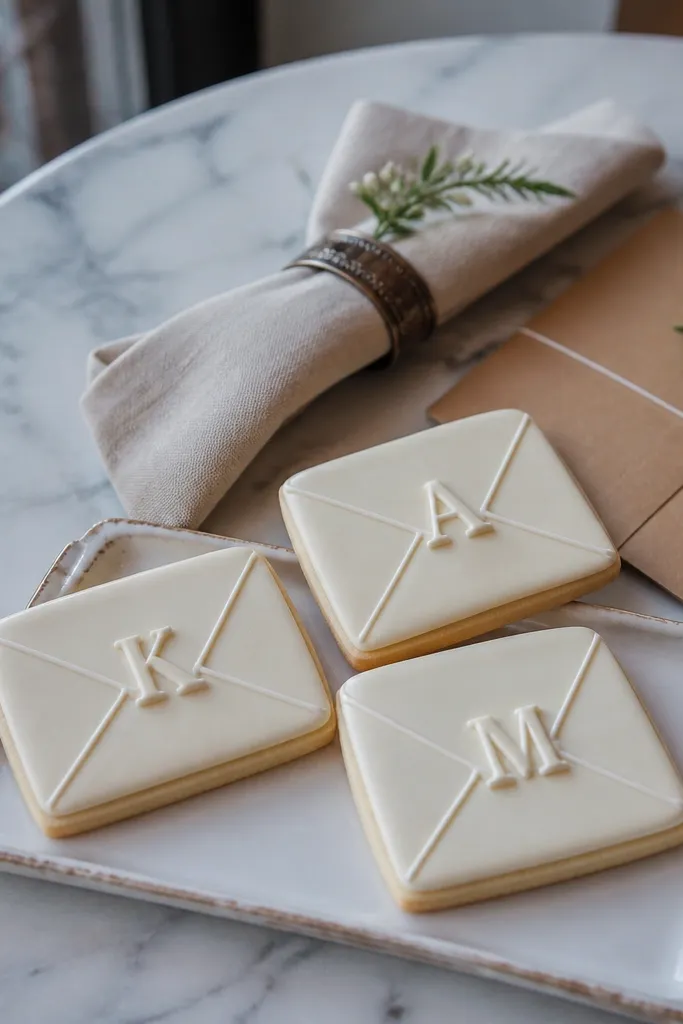 Cream cookies shaped like envelopes with white monograms