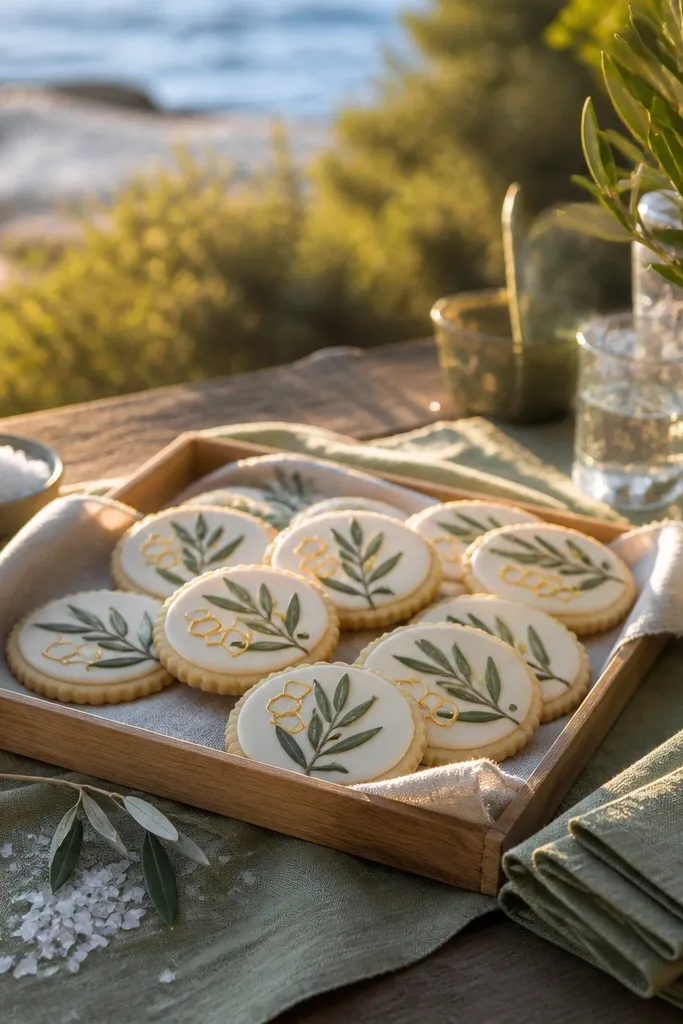 Cream cookies with olive leaf line art and gold honeycomb dots