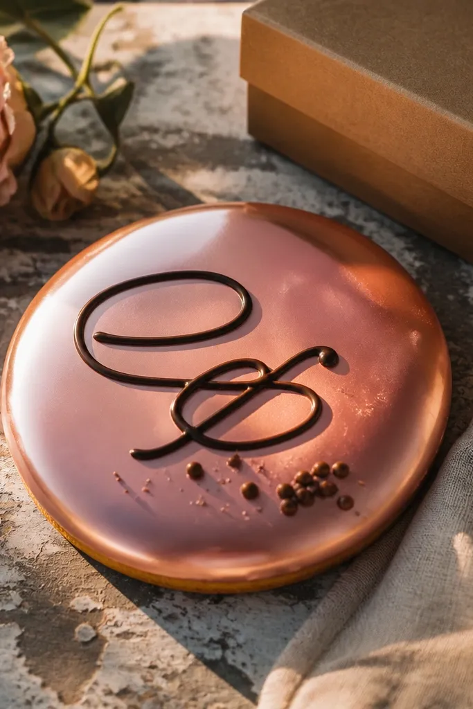 Rose-gold glazed cookie with dark chocolate script reading bridesmaid