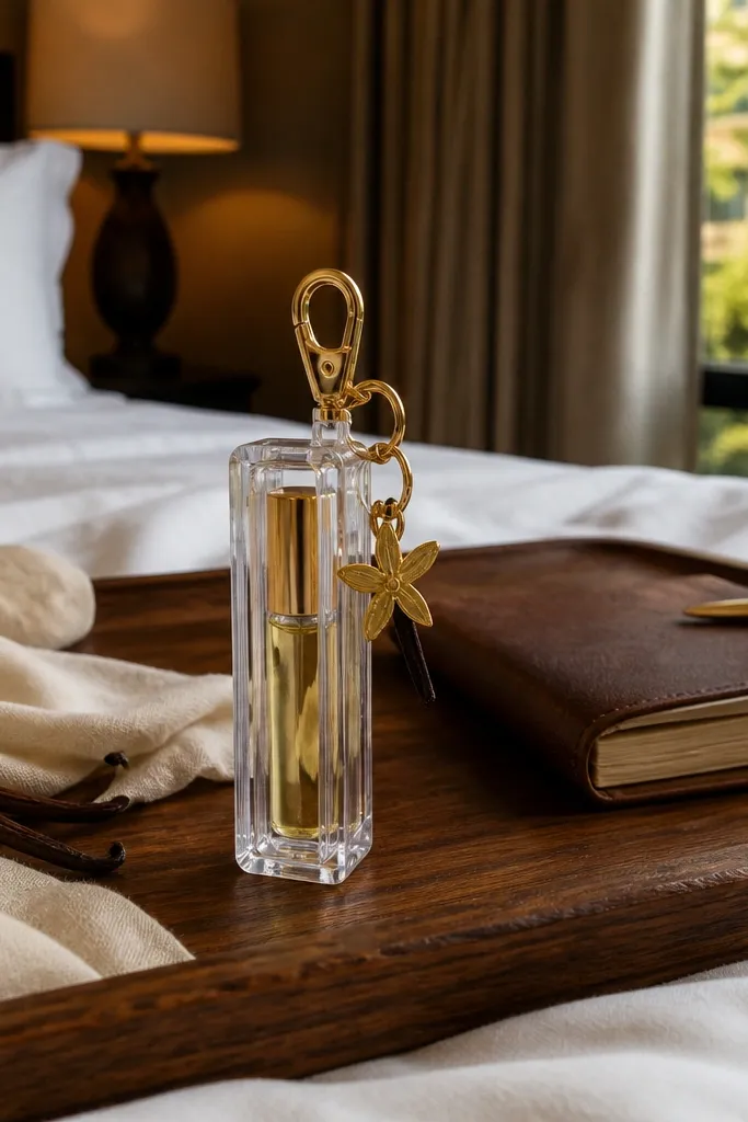 Clear acrylic case holding a small roller bottle with a gold charm tag