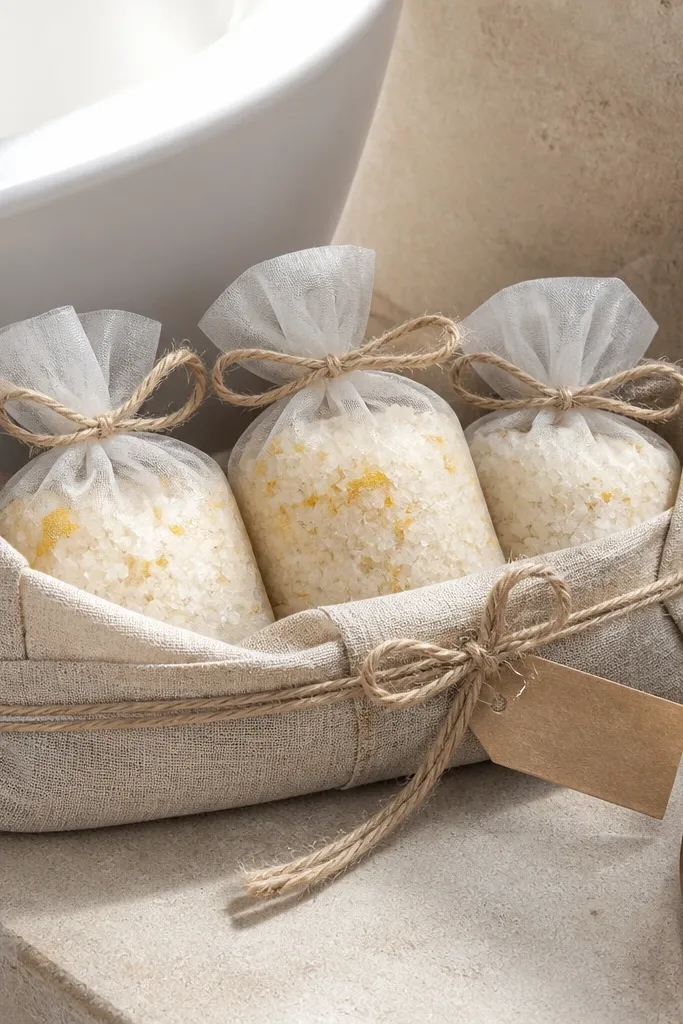 Linen-texture pouch containing bath soak sachets in citrus and sea green colors