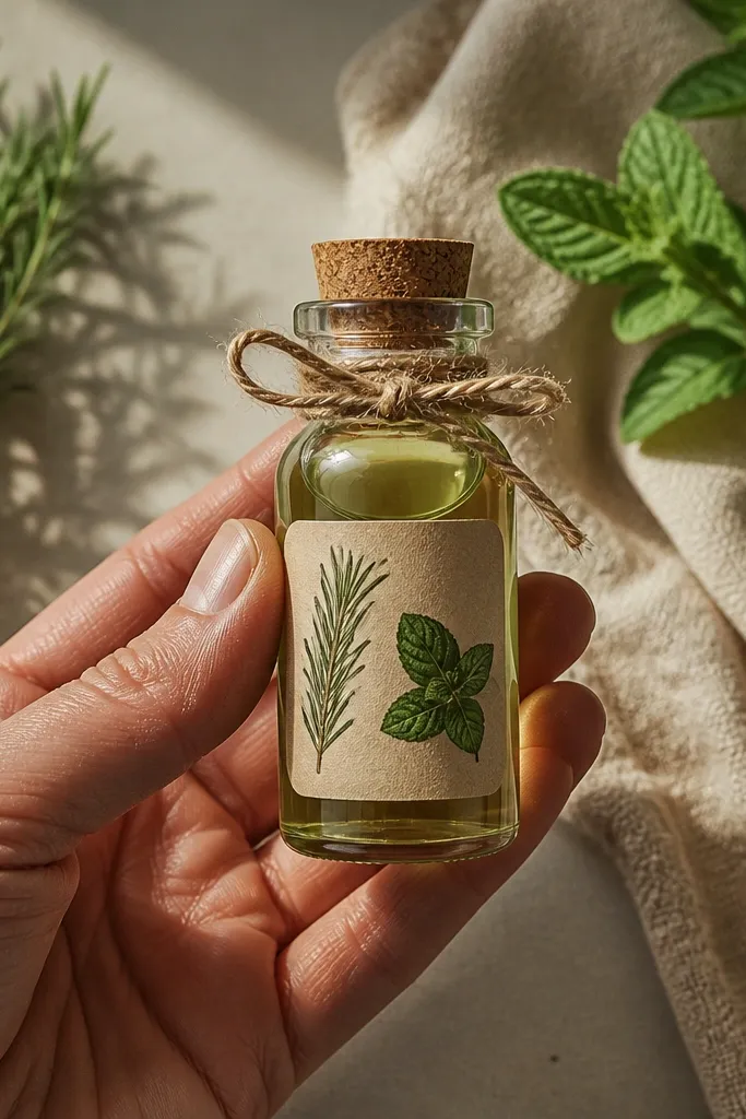 Small glass bottle labeled with rosemary and peppermint icons, tied with twine