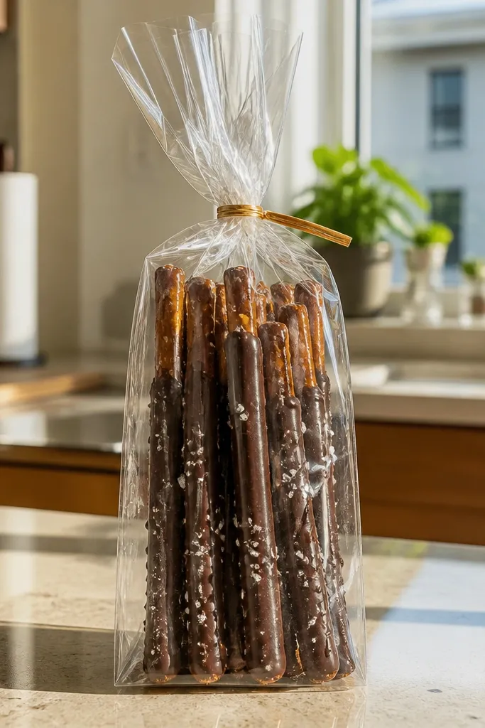 Pretzel sticks dipped in chocolate inside a clear sleeve with gold twist tie