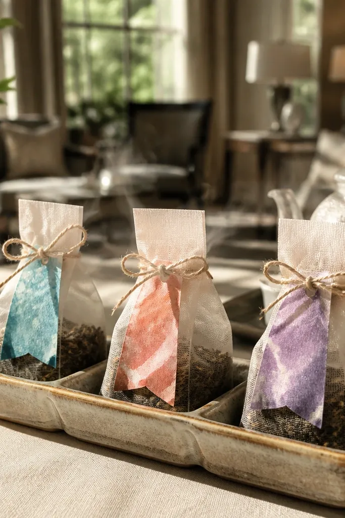 Four tea sachets arranged flat with color-banded tags in soft pastel shades