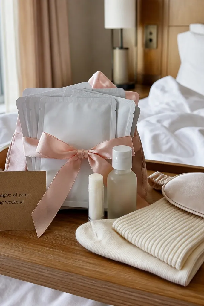 Travel-sized skincare and socks in a small gift bag