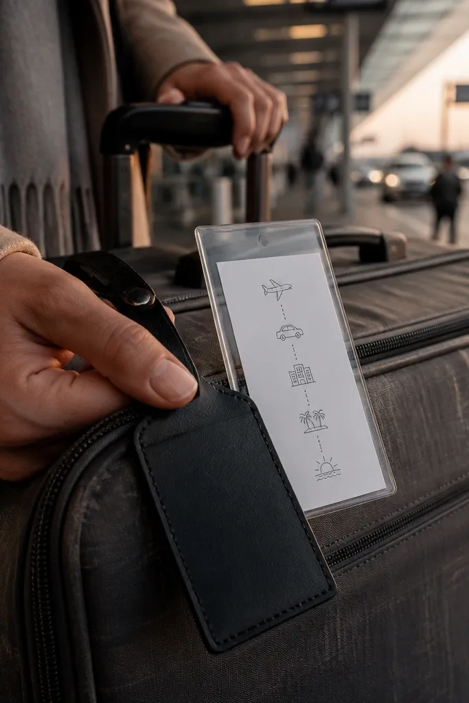 Luggage tag tied to a small card with a wedding itinerary