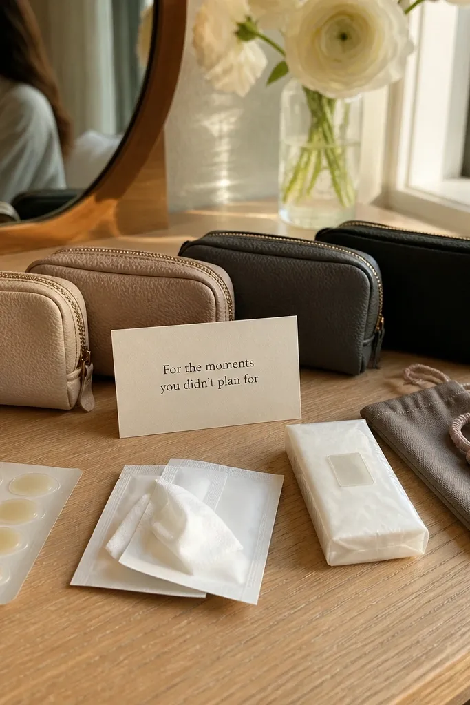 Small zip pouches labeled emergency kit with a folded note