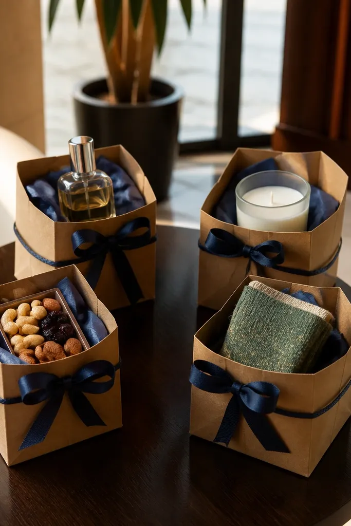 Gift bags tied with ribbon and a single main item inside