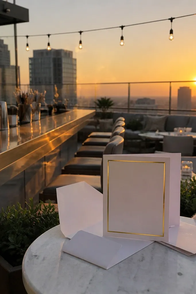 Group holding matching cards on a rooftop at sunset