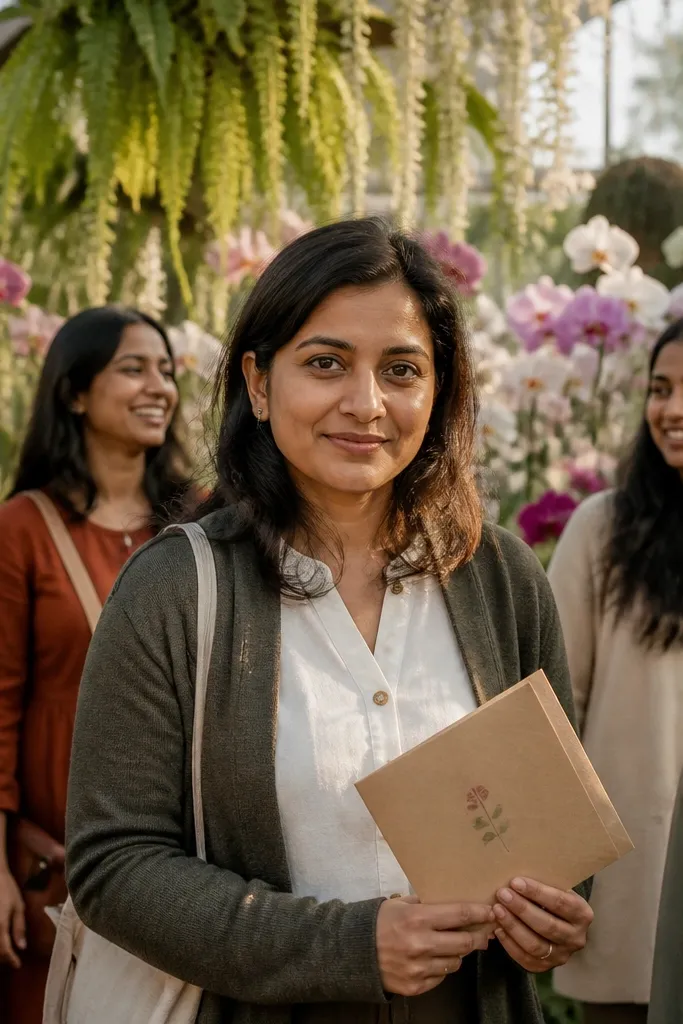 Friends holding flower envelopes near a greenhouse path