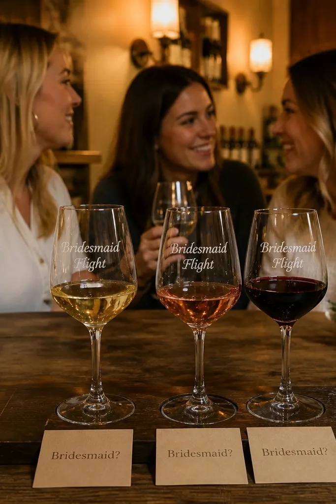Friends at a wine bar with printed flight menus and small gift boxes