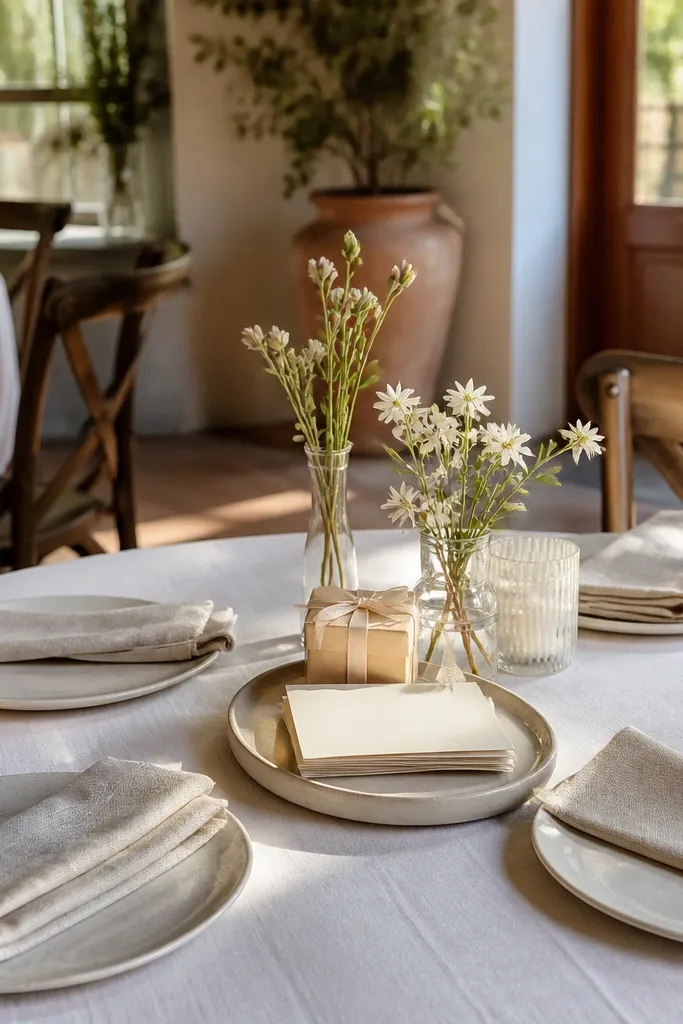 Brunch table with linen napkins and cards labeled bridesmaid check-in