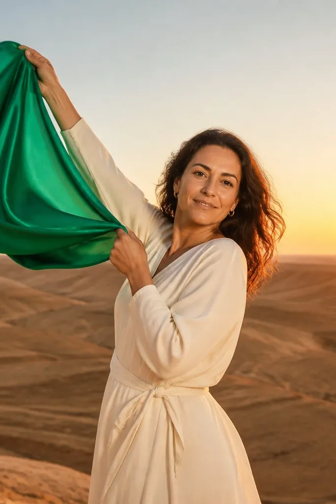 Friends in coordinated outfits holding silk scarves against desert sunset