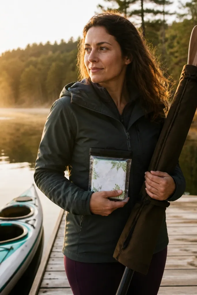Friends on a calm lake holding waterproof gift pouches