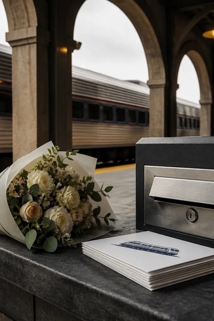 Friends on a station platform holding cards with ribbon tags