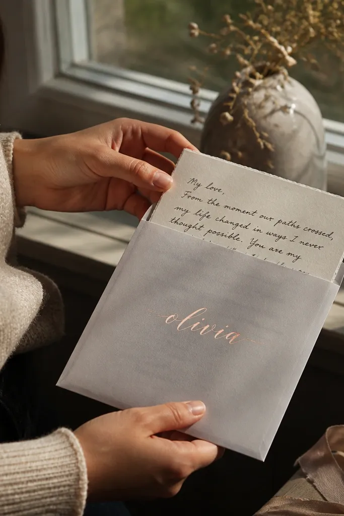 White vellum sleeve over a cardstock letter with a foil name sticker and matte envelope