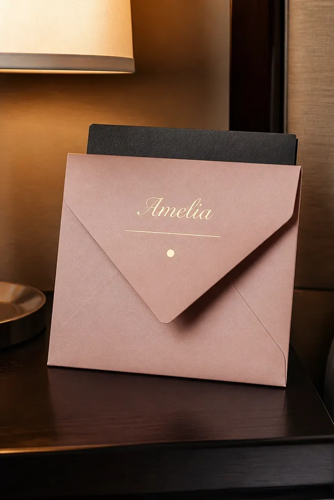 Blush envelope with rose-gold foiled script name and a white letter with small gold accents