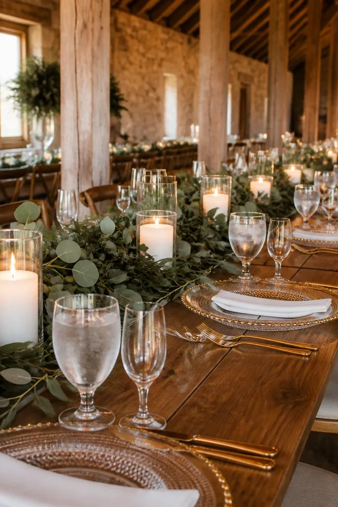 Long eucalyptus runner with tall white LED candles down the center