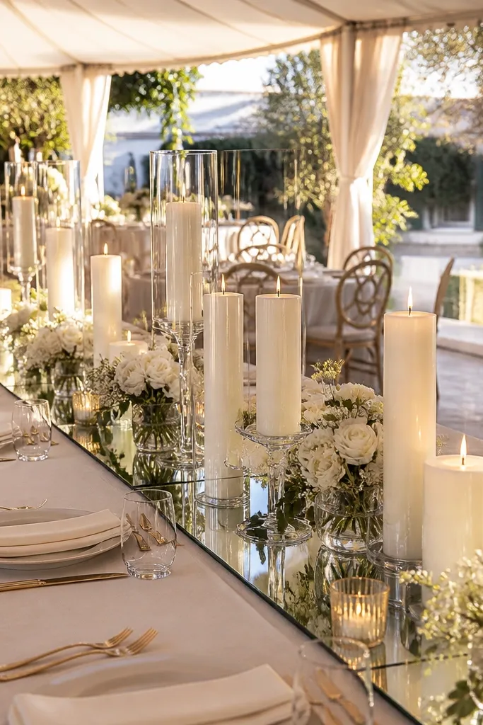 Mirrored trays on a table with three different heights of white candles