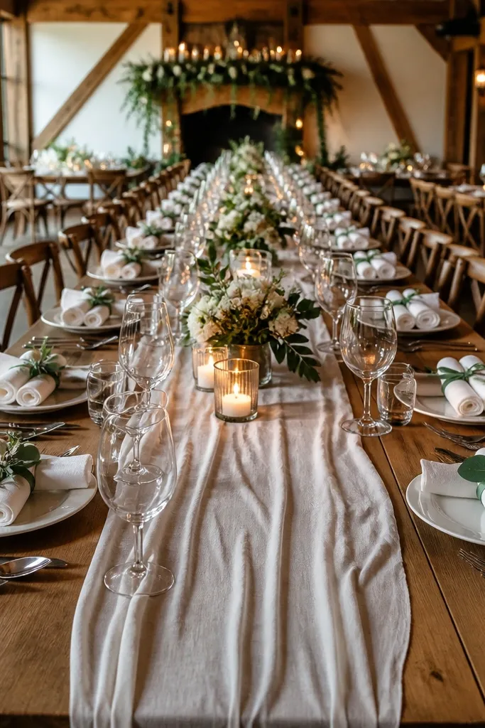 Folded fabric runner with rolled napkin clusters shaped like floral buds