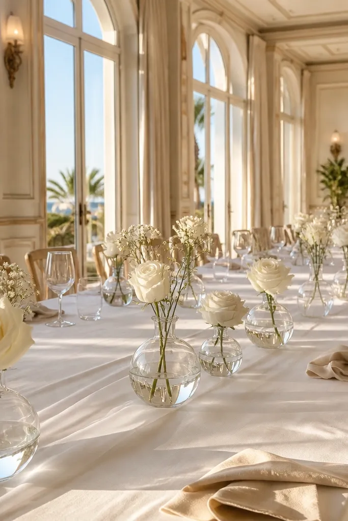 White runner with small bubble vases and single-stem white blooms
