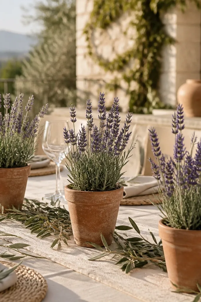 Terracotta mini pots with faux lavender spikes along a long table