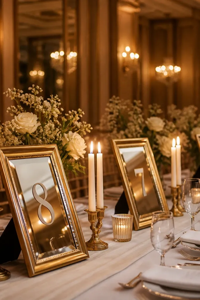 Gold mirrored frames with table numbers and small candles on a long runner