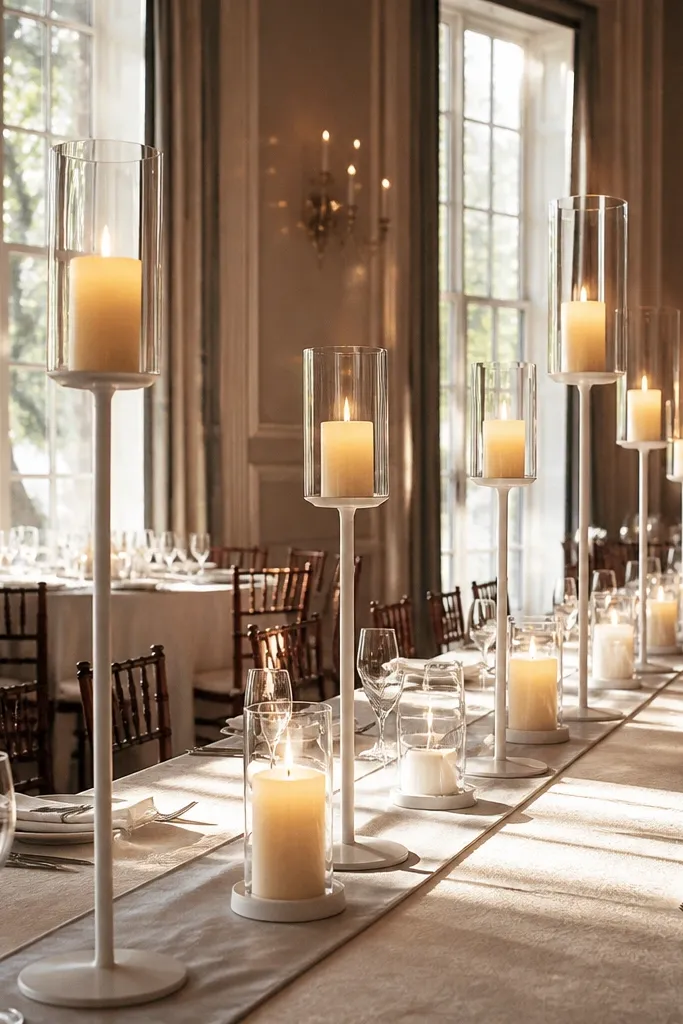 Linen runner with a ladder pattern of candles: tall, short, tall
