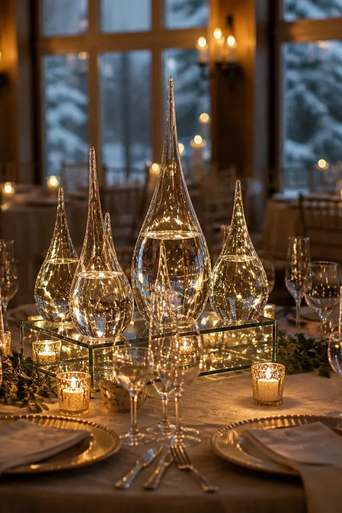 Clear acrylic raindrop pieces with floating LED lights along a long table