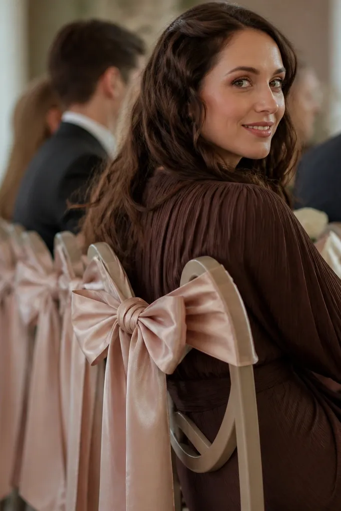 White chair backs with large satin ribbon bows tied neatly