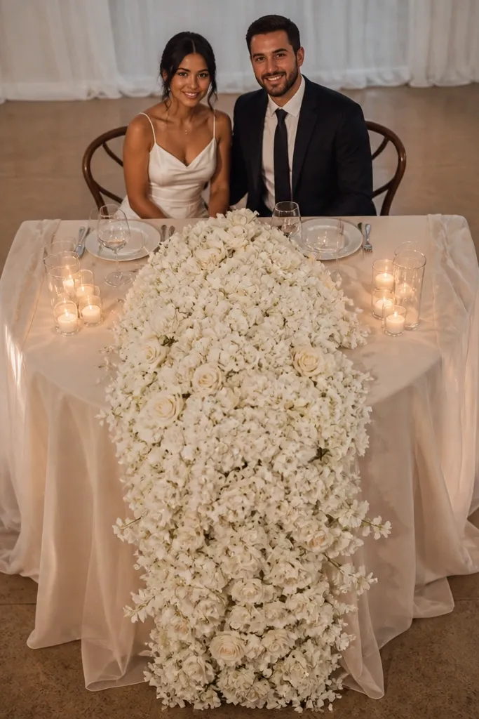 White floral runner on a sweetheart table with candles and sheer fabric