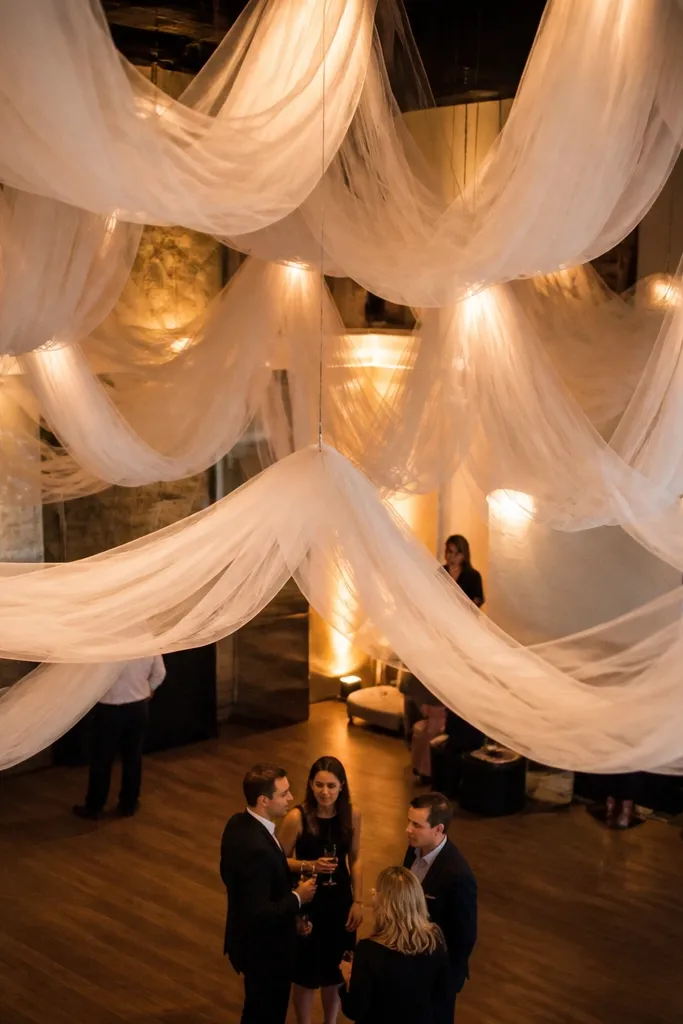 Soft tulle clouds hanging over the dance floor with warm lighting