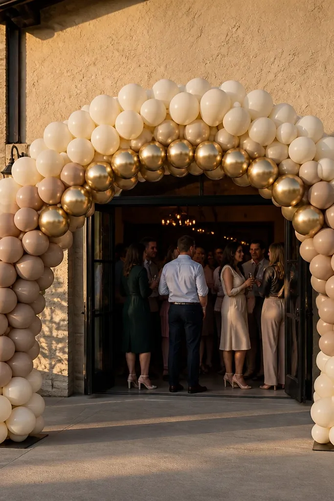Matte white and blush balloon arch with a thin gold balloon stripe