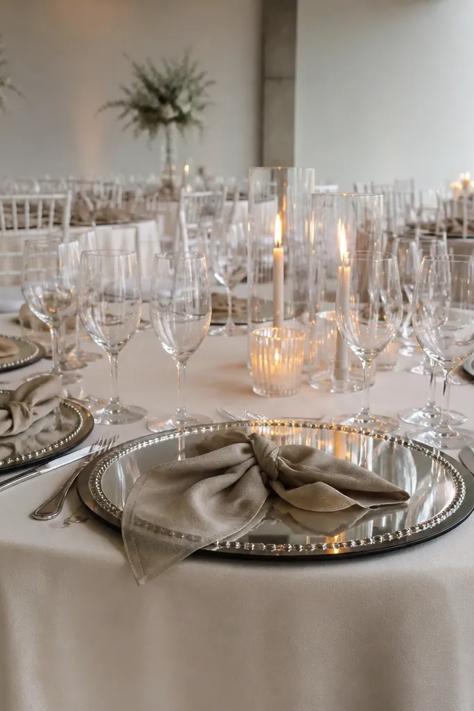 Dinner table with mirrored chargers and simple white napkins