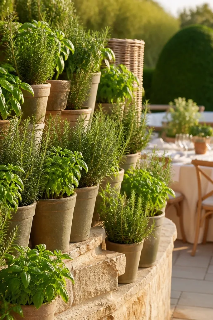 Potted herbs arranged with tall woven baskets as a garden-style ceremony backdrop