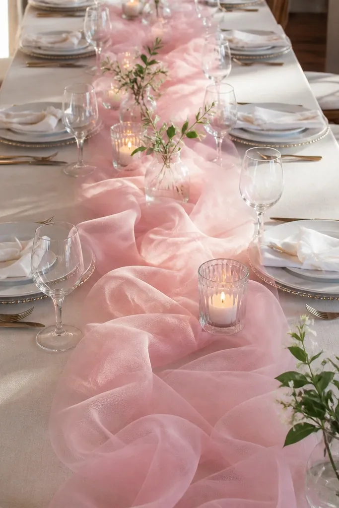 Long reception table with scalloped tulle runner along the center