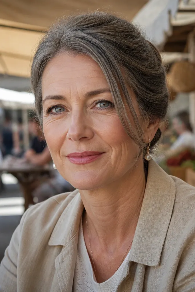 French twist bun with a smooth side-swept fringe and pinned ends