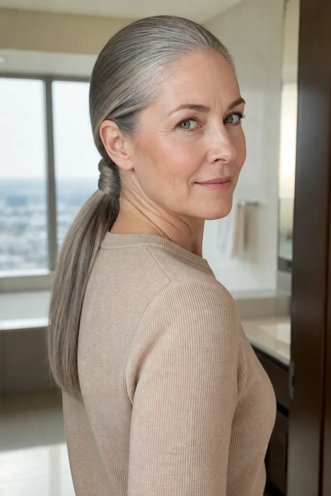 Sleek low ponytail with a braid wrapped around the base