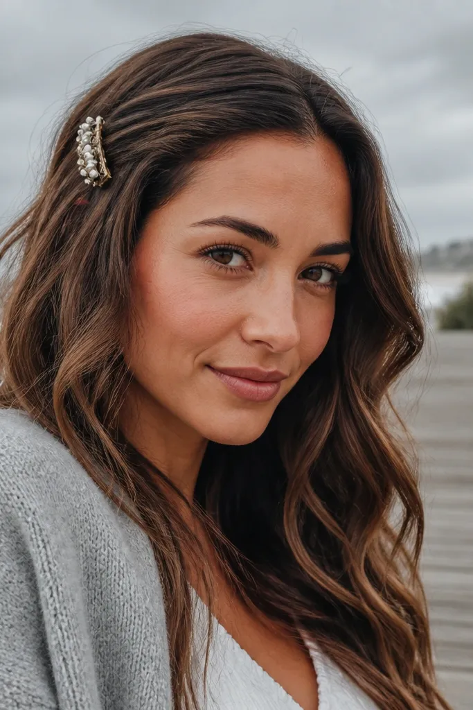 Beachy waves pinned back with a side hair clip