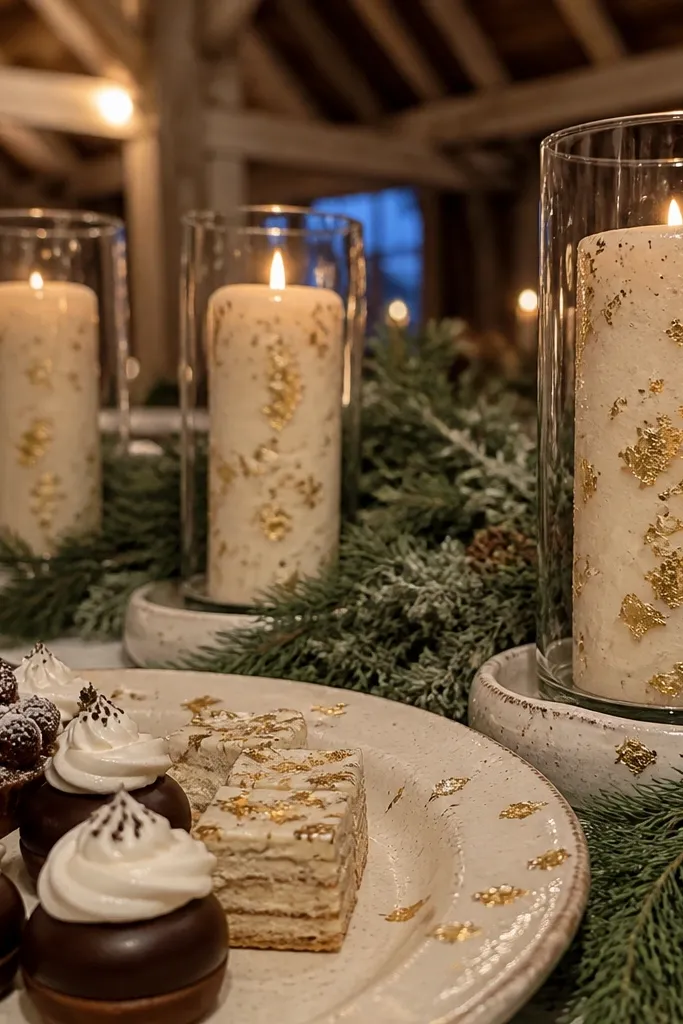 Cream linens with pine green leaves and small gold accents on signage