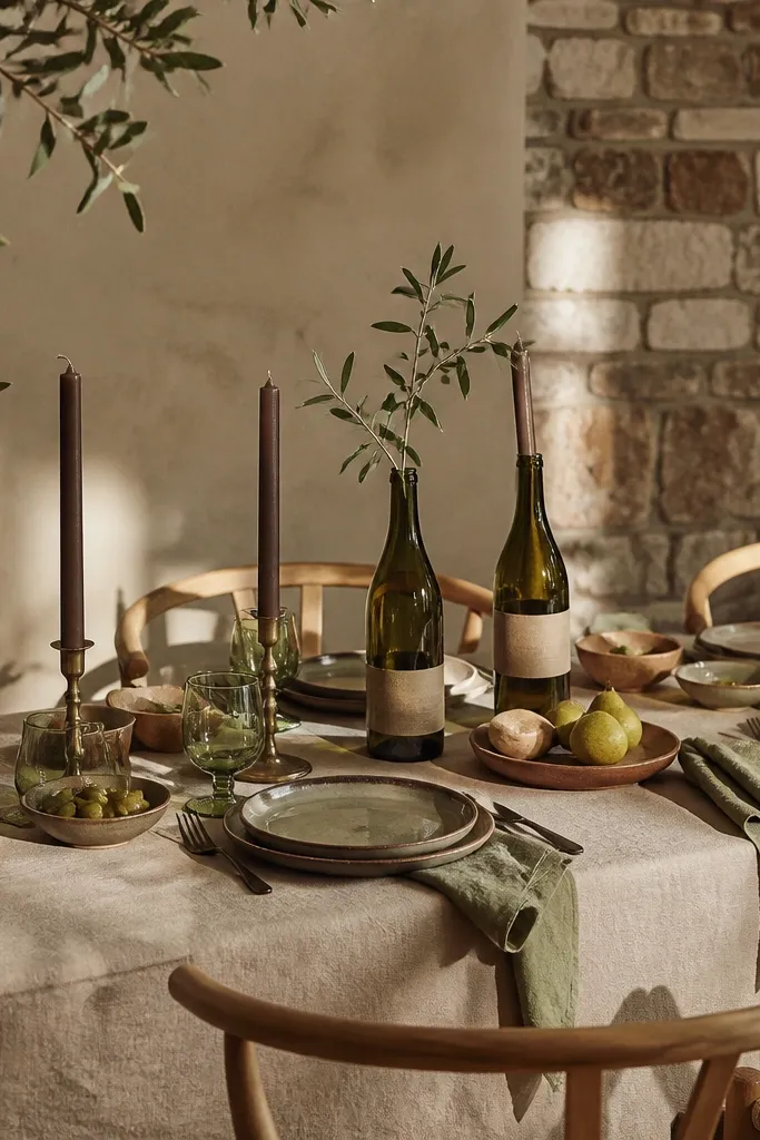 Sand beige table runner with olive greenery and chocolate brown candles
