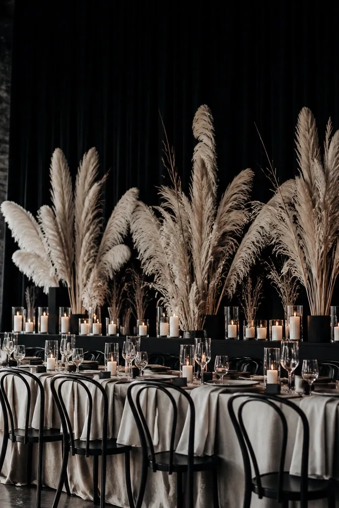 Ecru table decor with charcoal accents and tall dried pampas plumes