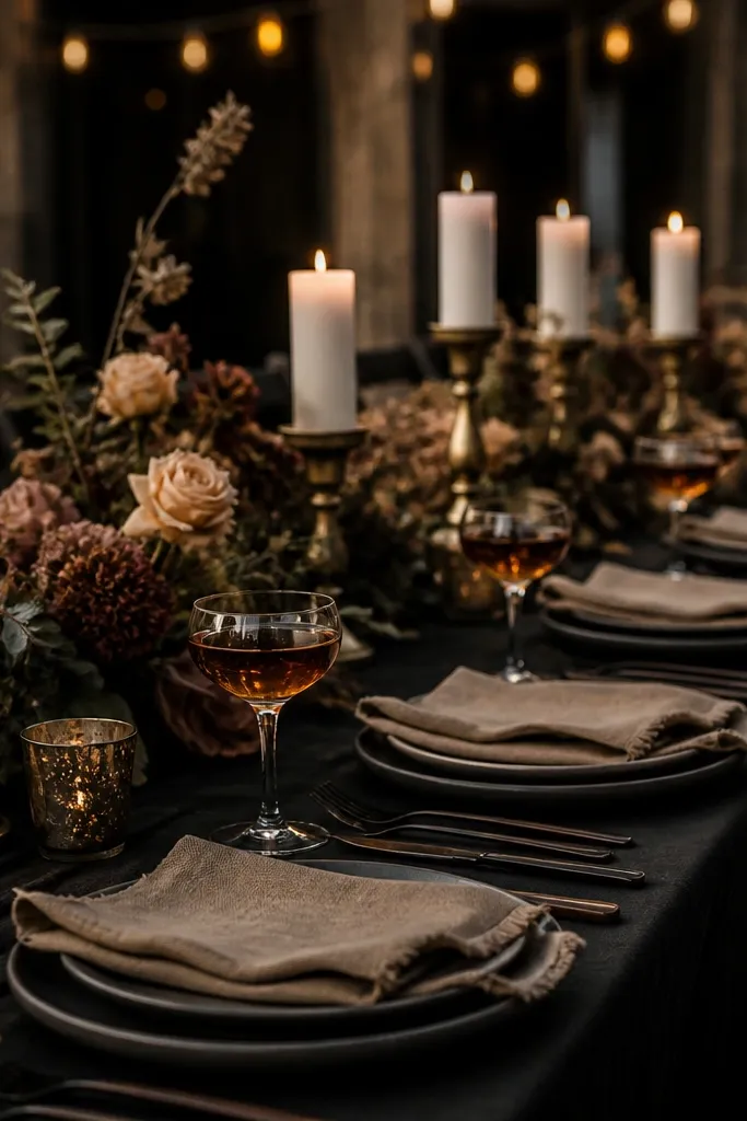 Tan linen table decor with black tea colored accents and burnished gold details