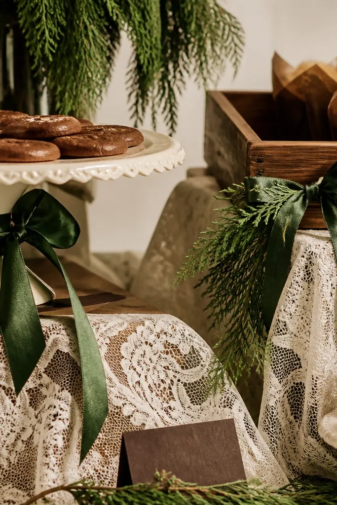 Ivory lace overlay with forest green greenery and espresso brown candle accents