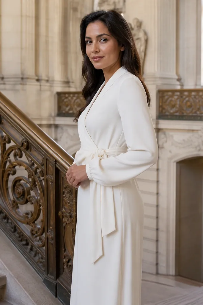 Ivory wrap dress with a side tie and a modest V-neck