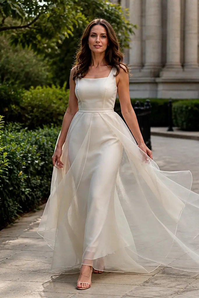 Ivory organza overskirt over a simple slip dress