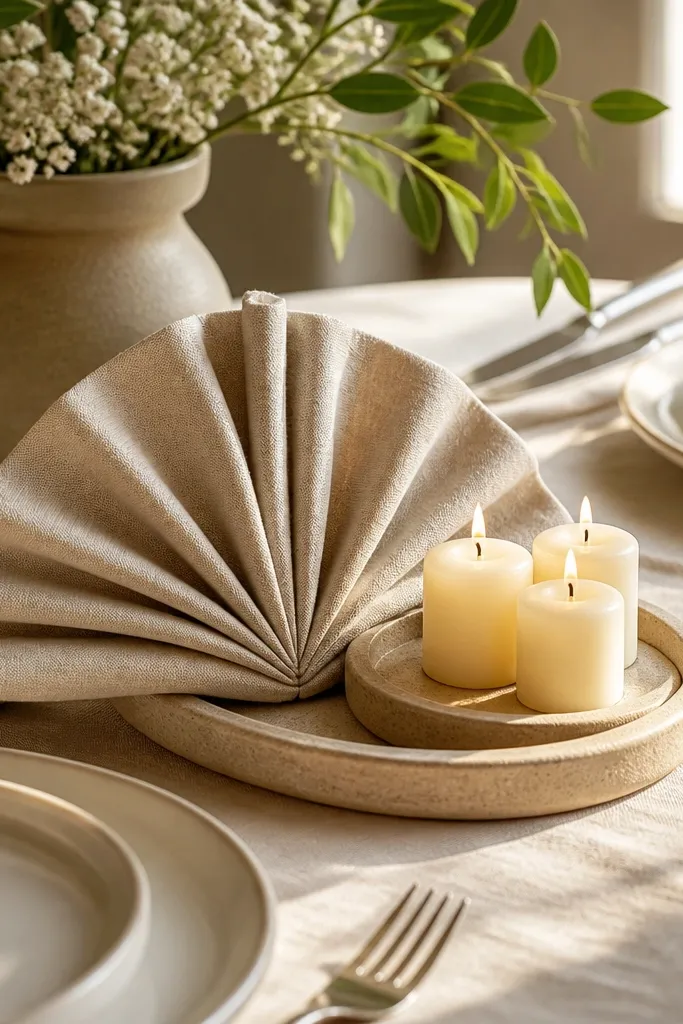 Folded ivory napkin fans on a tray with small white candles