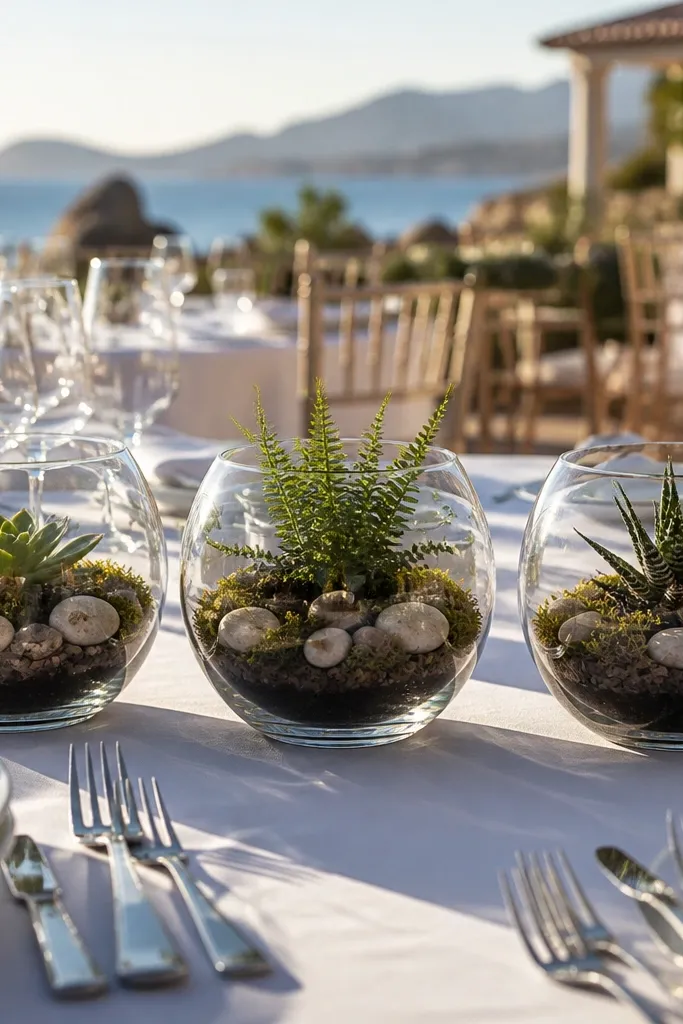Small glass bowls with moss and a single plant stem centerpiece