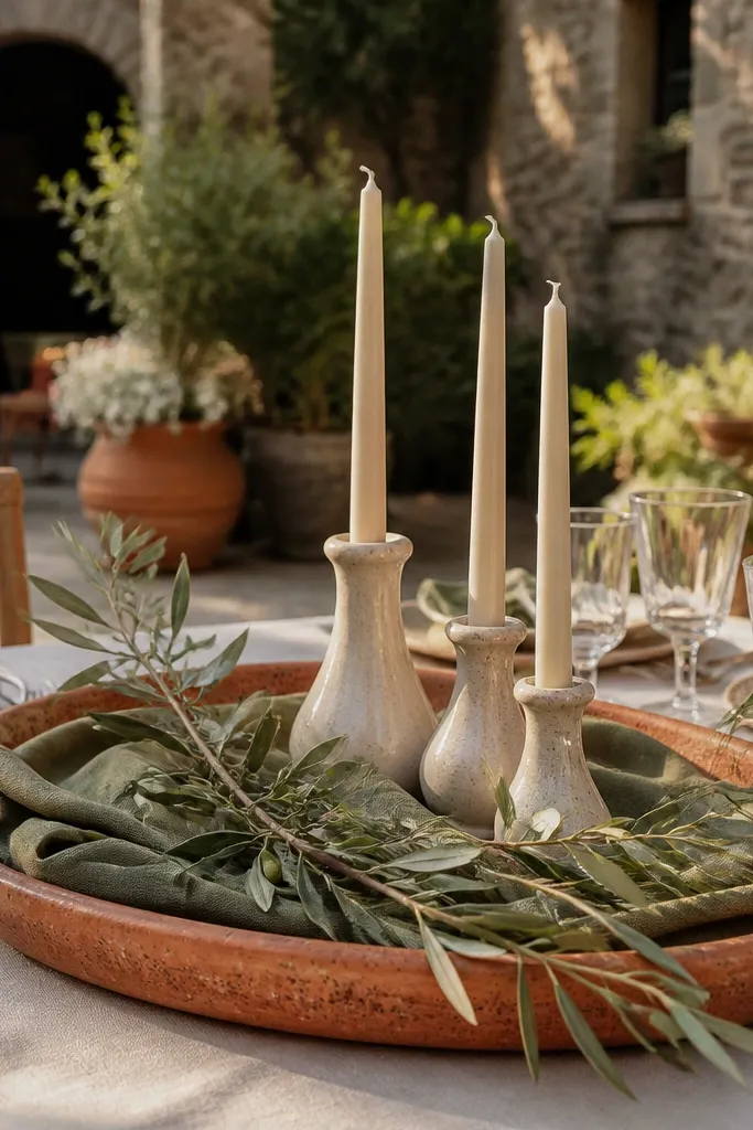 Terracotta tray on a sage runner with olive branches and short candles