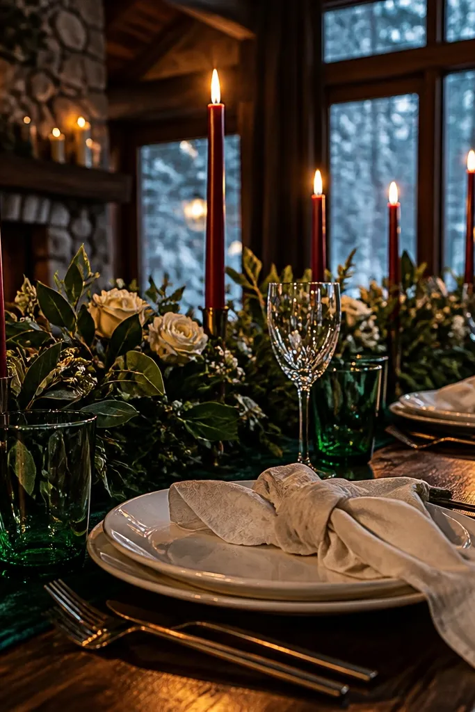 Emerald table runner with cream linens and deep burgundy florals